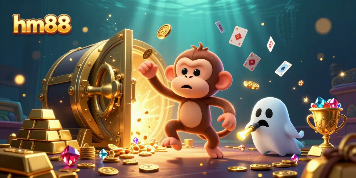 hm88 gaming illustration, showcasing a poltergeist monkey and a puppy amidst treasures in a haunted casino.