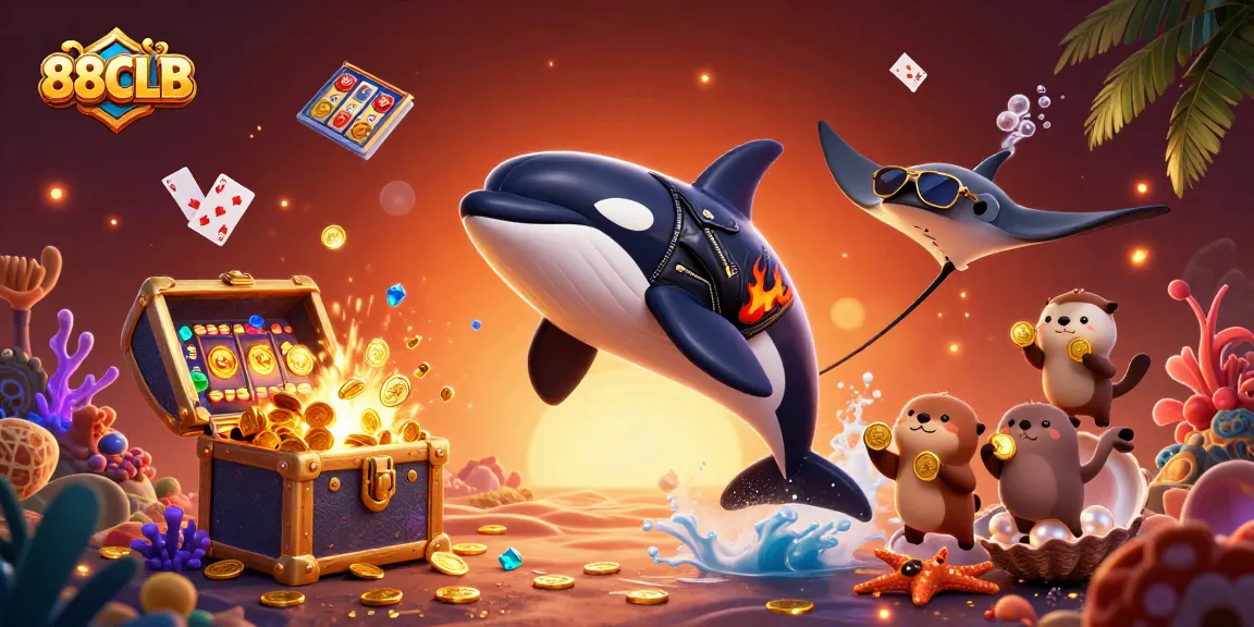 Join the excitement of 88CLB with an action-packed underwater casino illustration featuring vibrant characters.