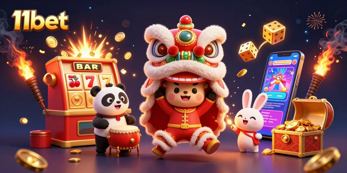 Experience thrilling gameplay with 11bet's festive scene of a lion dance and dynamic casino elements.