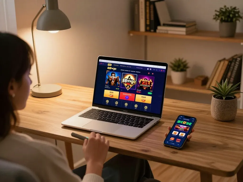Engaged user exploring 88vvgo casino app on smartphone in cozy home gaming setup.