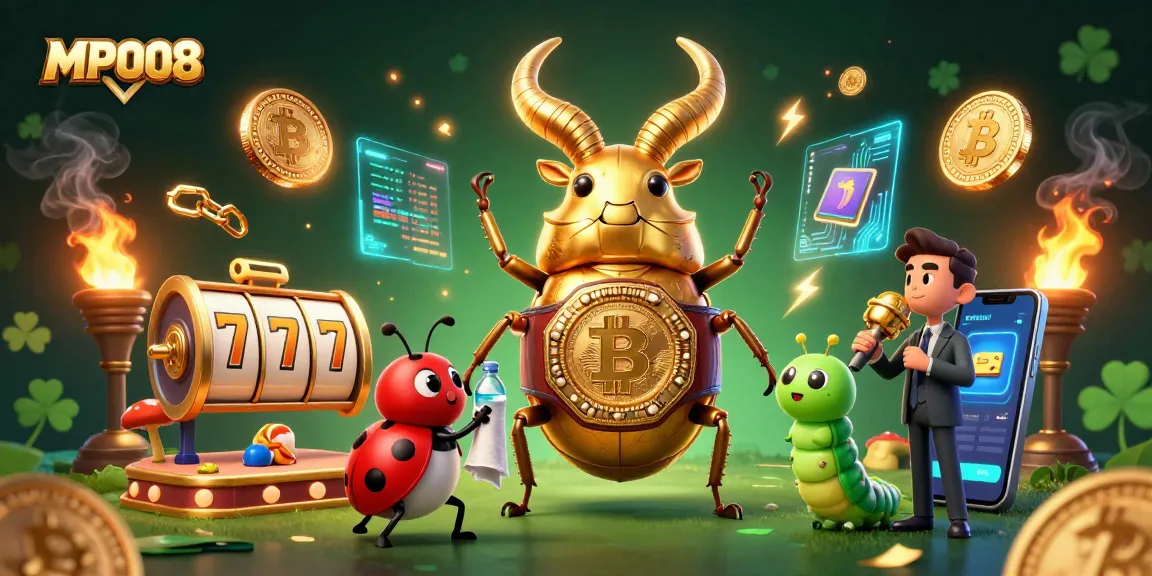 MPO08 brings thrilling slot action with a vibrant 3D beetle champion in a colorful casino scene.