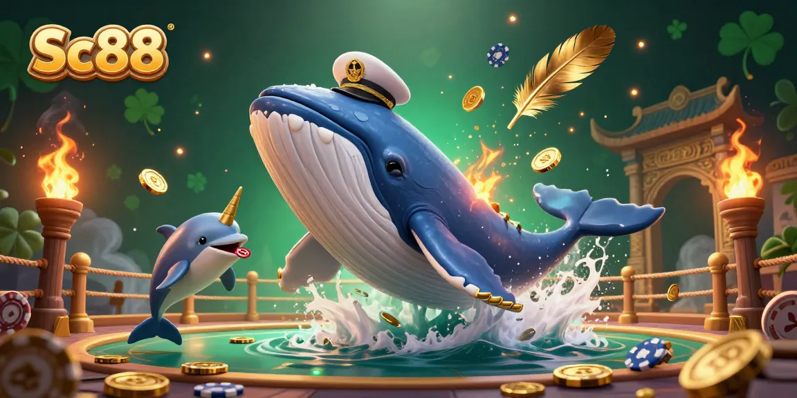 Experience the thrilling world of Sc88 with a whale and dolphins in a vibrant, 3D casino scene filled with excitement.