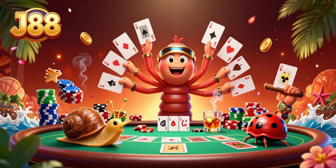 Experience the excitement of J88 with a lively dealer scene filled with action and vibrant poker elements.