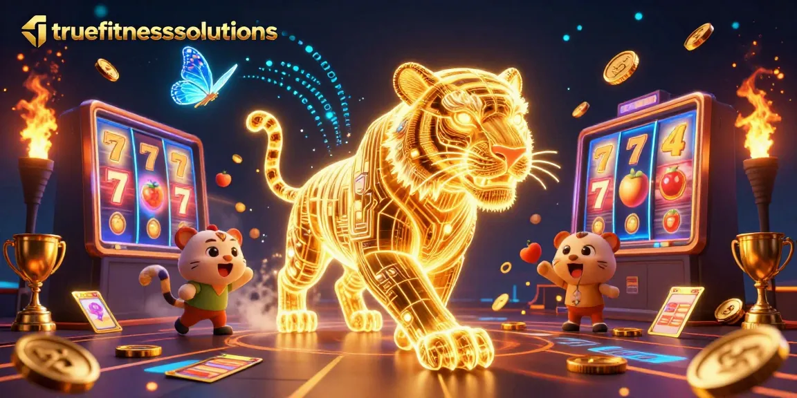 Experience thrilling slot action with truefitnesssolutions as the golden tiger prowls a dynamic casino landscape.
