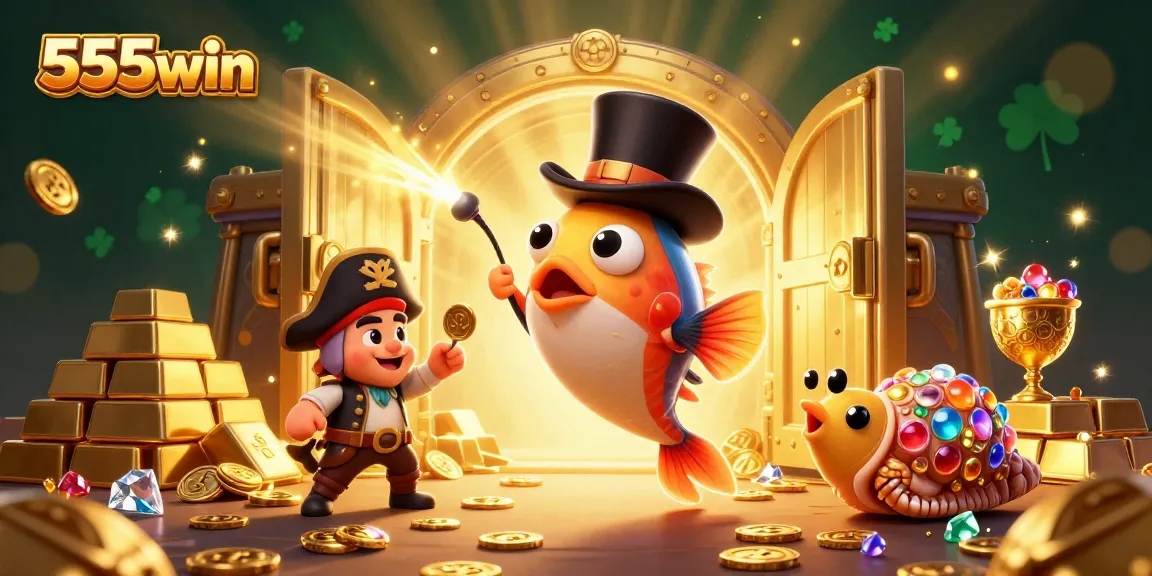 Engage with 555win's exciting gaming scene featuring an anglerfish and treasures, perfect for casino enthusiasts.