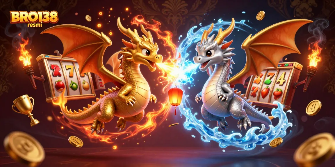 Spin the reels with BRO138 resmi as two 3D dragons unleash fire and ice amidst slot elements.