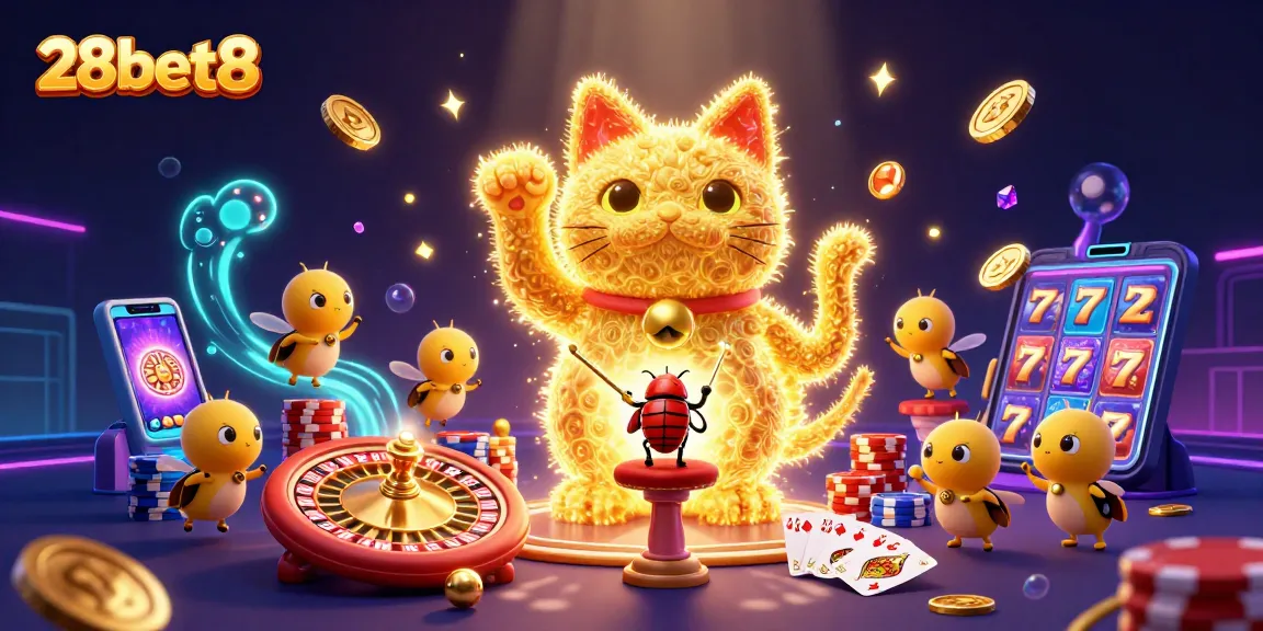 Experience the exciting world of 28bet8 with vibrant golden fireflies and a giant lucky cat in a dynamic casino scene.
