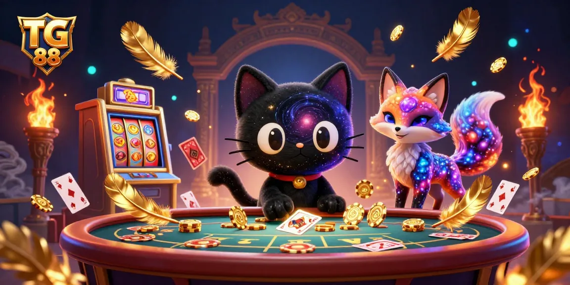 Experience thrilling gameplay with TG 88 as the cosmic black hole cat draws in golden chips at a vibrant casino.