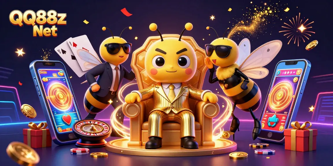 Experience the thrilling atmosphere of QQ88z Net where a bumblebee mob boss rules the casino world amidst a vibrant 3D illustration.