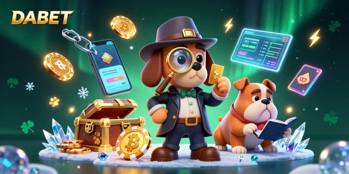 DABET reveals a treasure hunt with a detective bloodhound and bulldog amid vibrant casino elements.