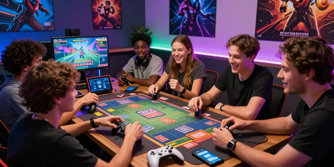 Friends enjoying rikvip gaming night with excitement and digital devices