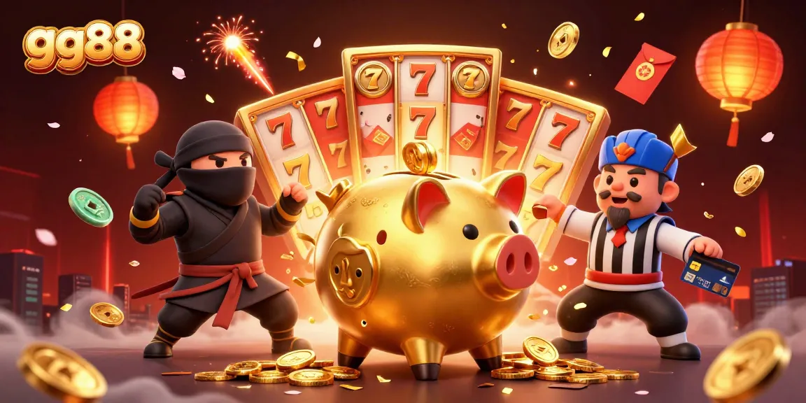 Engage with GG88 as a golden piggy bank sumo wrestler celebrates a jackpot amidst dazzling slot reels and festive decorations.