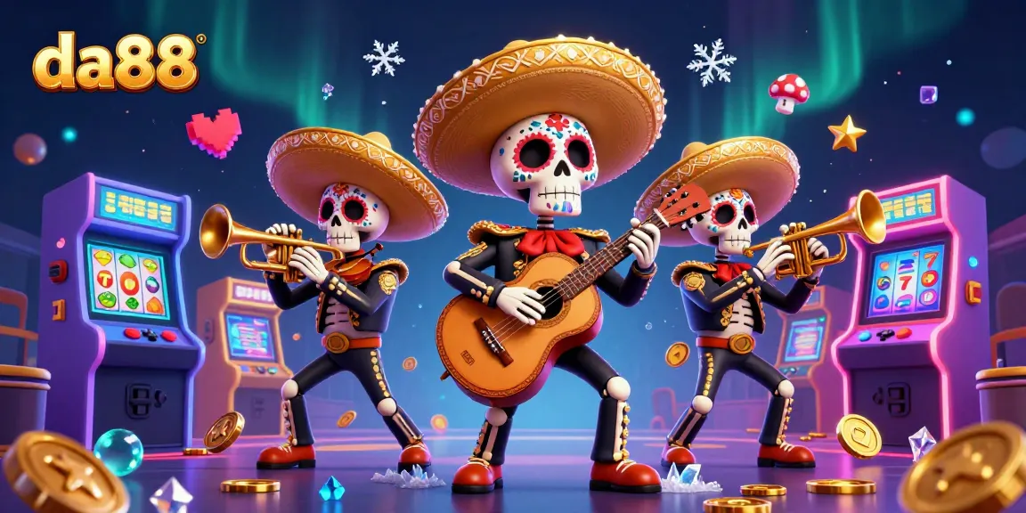da88 slot gaming scene featuring mariachi skeletons and vibrant arcade elements