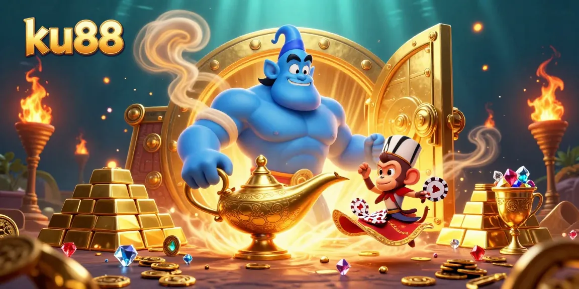 Experience the thrill of ku88 with a magical casino scene featuring a blue genie and treasures.