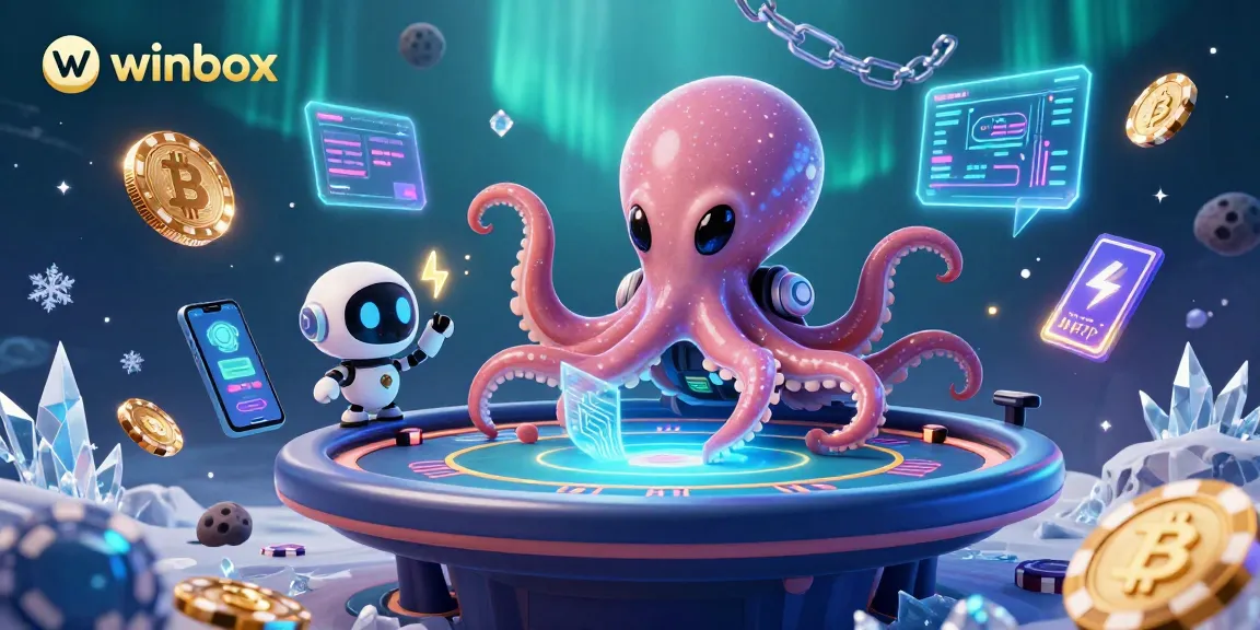 Join exciting winbox sessions with a cosmic octopus dealer amidst floating crypto elements.