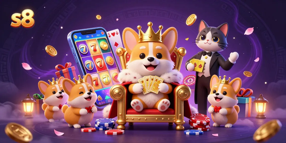 Engage in thrilling gameplay with S8's royal corgi surrounded by fun casino elements.