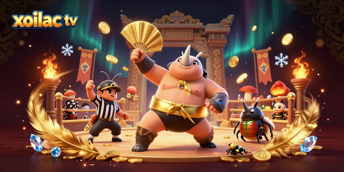 Xoilac TV showcases thrilling live betting action with a dynamic casino scene featuring our champion beetle.