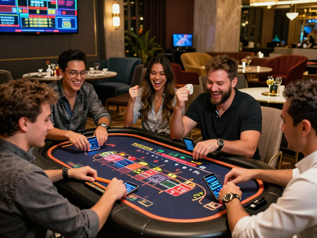 Giocatori felici che scommettono su casinò non AAMS con smartphone e giochi digitali.