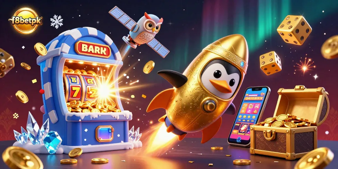 f8betpk brings excitement with a golden penguin racing to a casino space station in a vibrant 3D illustration.