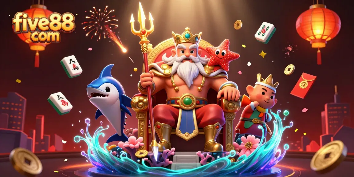 Experience the vibrant joy of five88 com as Neptune, a swordfish samurai, and a playful starfish celebrate with golden game elements.