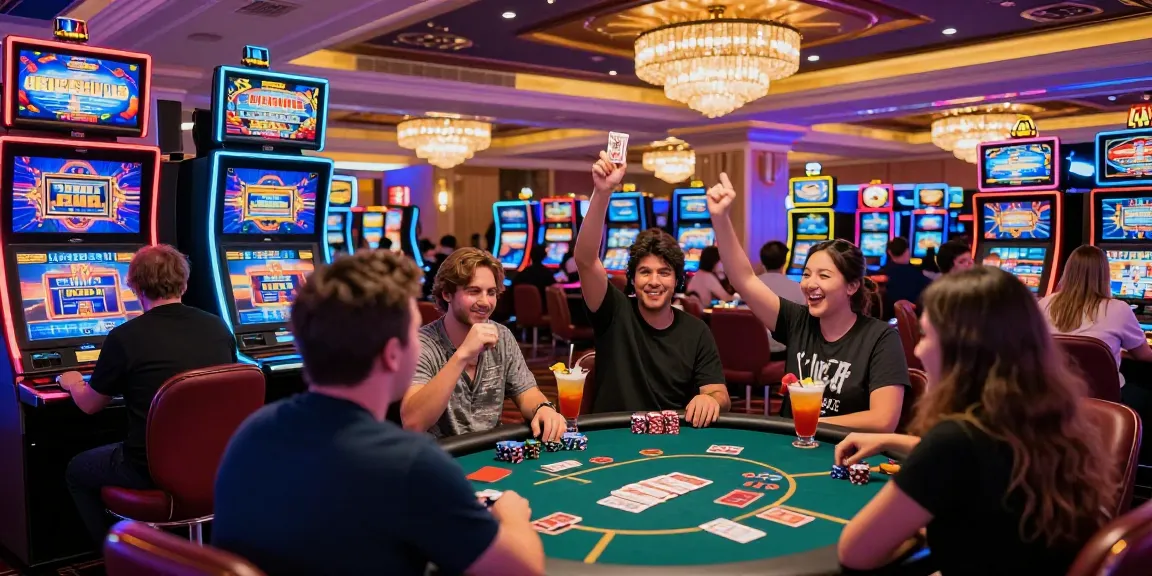 Giocatori in un casinò non AAMS, immerse nell'atmosfera vivace delle slot machines e tavoli da poker.