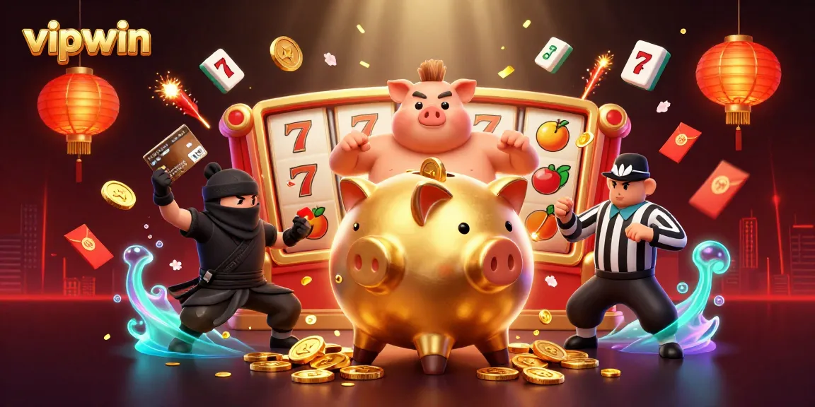 Engage with the vibrant scene showcasing vipwin as a golden piggy bank sumo wrestler shakes coins and lucky symbols