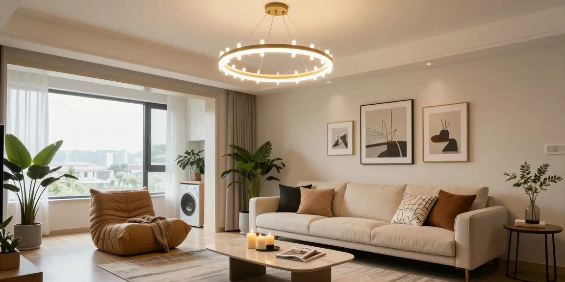 Candelabru LED elegant în living, decor modern cu canapea și plante.