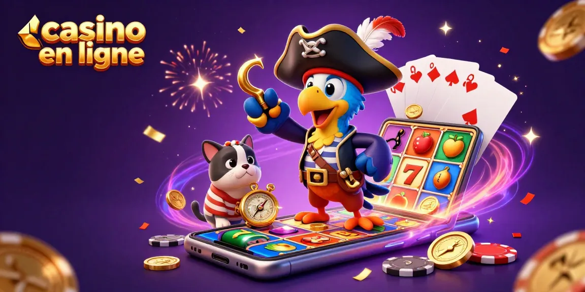 Un pirate et ses compagnons découvrent le monde du casino en ligne avec des jeux et des symboles colorés.