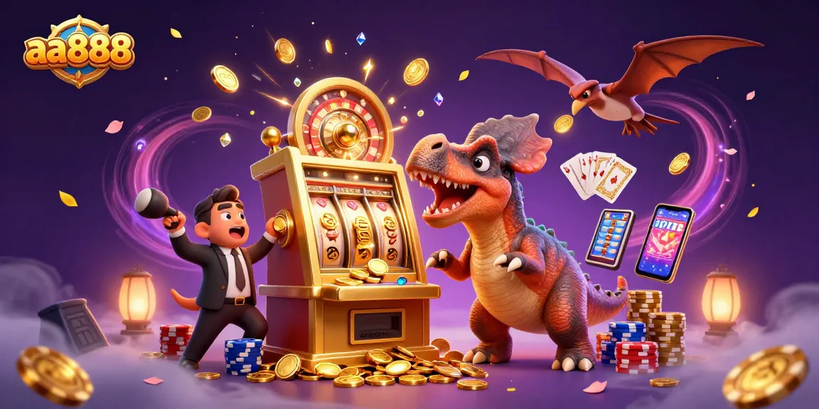 Experience the thrill of winning at aa888 with a dynamic scene of dinosaurs at a casino