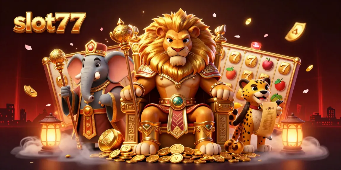 Engage with slot777's vibrant casino atmosphere featuring a lion king and dynamic symbols.