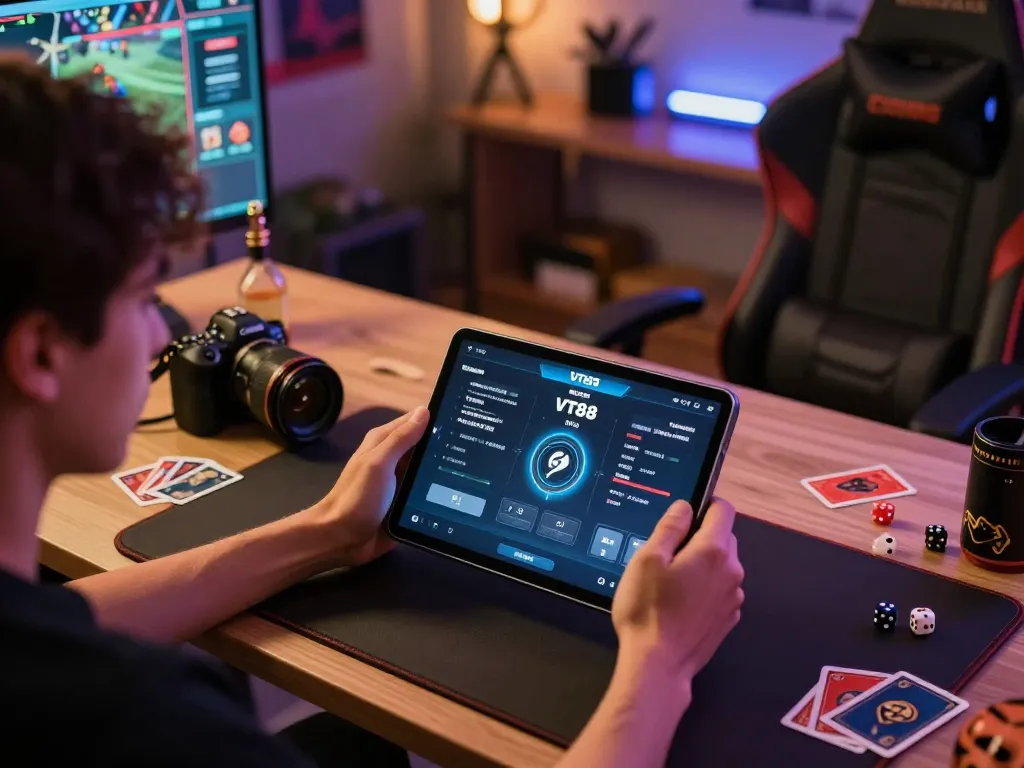Engaged player using the VT88 tablet for online gambling with strategic focus and cozy ambiance.