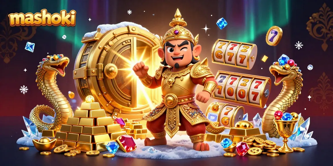 Spin to win with mashoki in this vibrant 3D casino scene featuring gold treasures and dynamic gameplay.