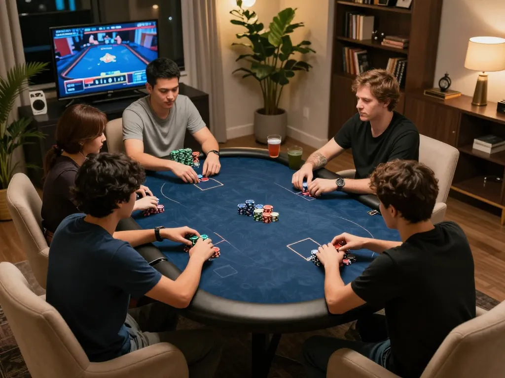 Engaged players at LLwin com poker game, chips and cards visible in a cozy, inviting atmosphere.