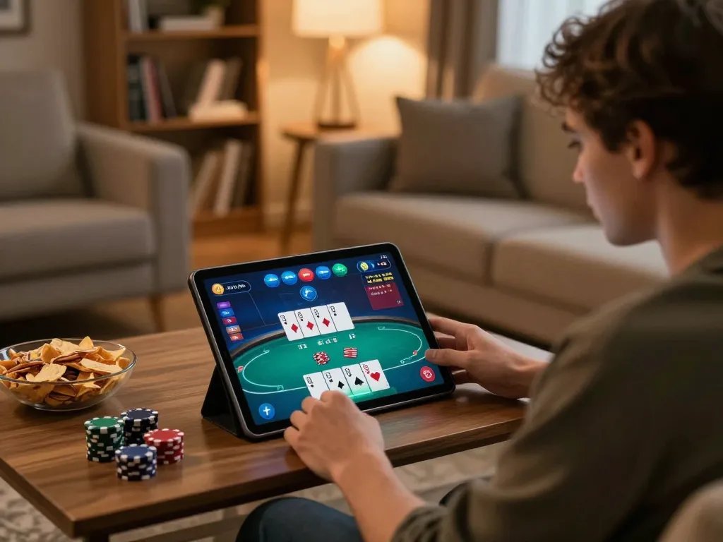Player enjoying an online poker game on tablet at home with lc 88 strategy notes nearby.
