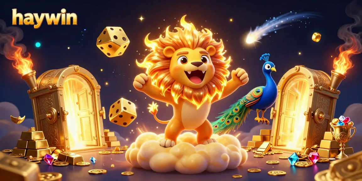 Experience the excitement of haywin as the sun lion roars, surrounded by golden treasures and vibrant casino elements.