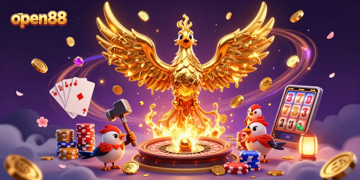 Experience excitement at open88 with a golden phoenix emerging amidst a cascade of coins and game elements.