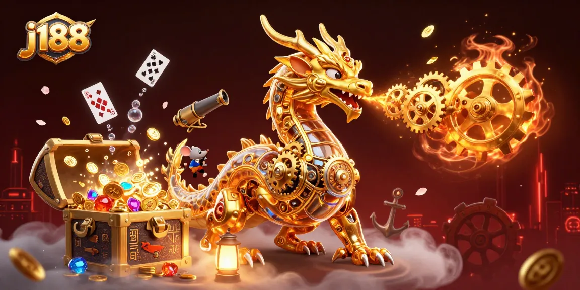 Experience j188's thrilling atmosphere with a golden dragon and vibrant casino elements.