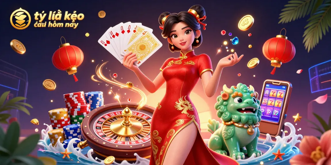 Bet on tỷ lệ kèo nhà cái hôm nay with vibrant casino elements in a dynamic 3D illustration.