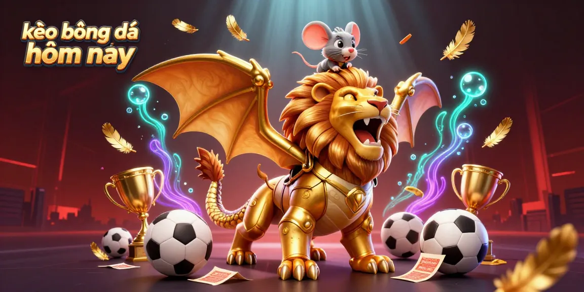 Experience kèo bóng đá hôm nay with a triumphant chimera creature and a mouse jockey amidst dynamic sports betting elements.