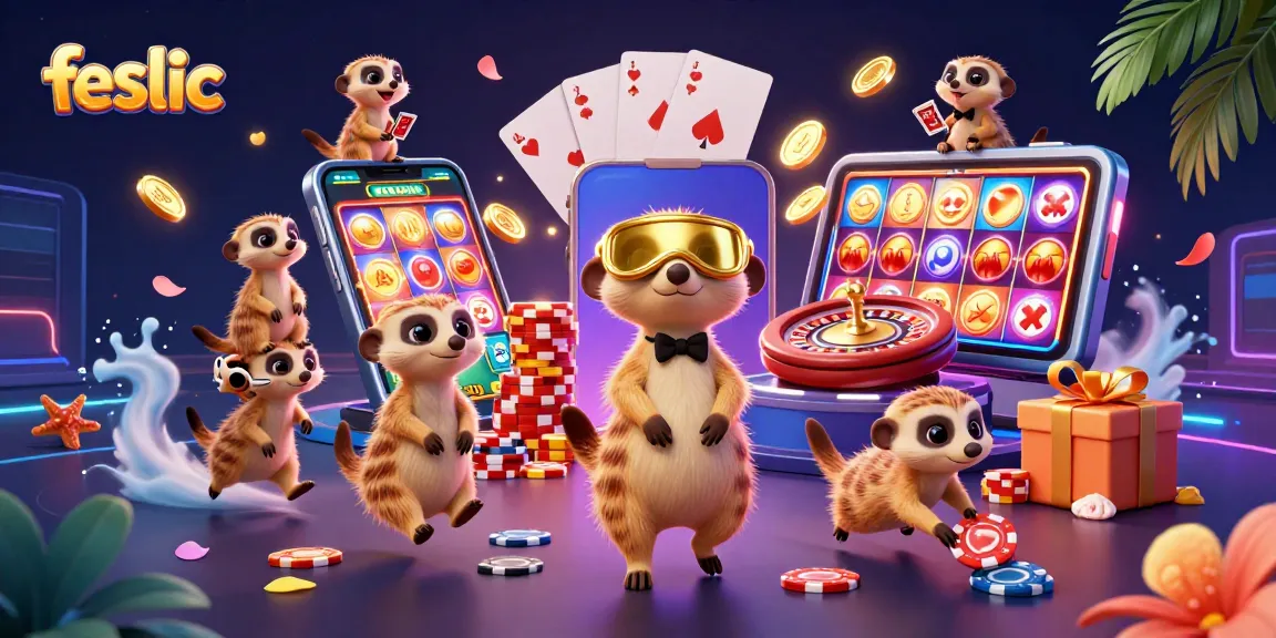 feslic meerkats manage a vibrant casino, showcasing exciting slot games and dynamic gaming elements