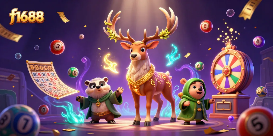 Join the excitement at f1688, where vibrant lottery balls and a magical stag create thrilling betting moments.