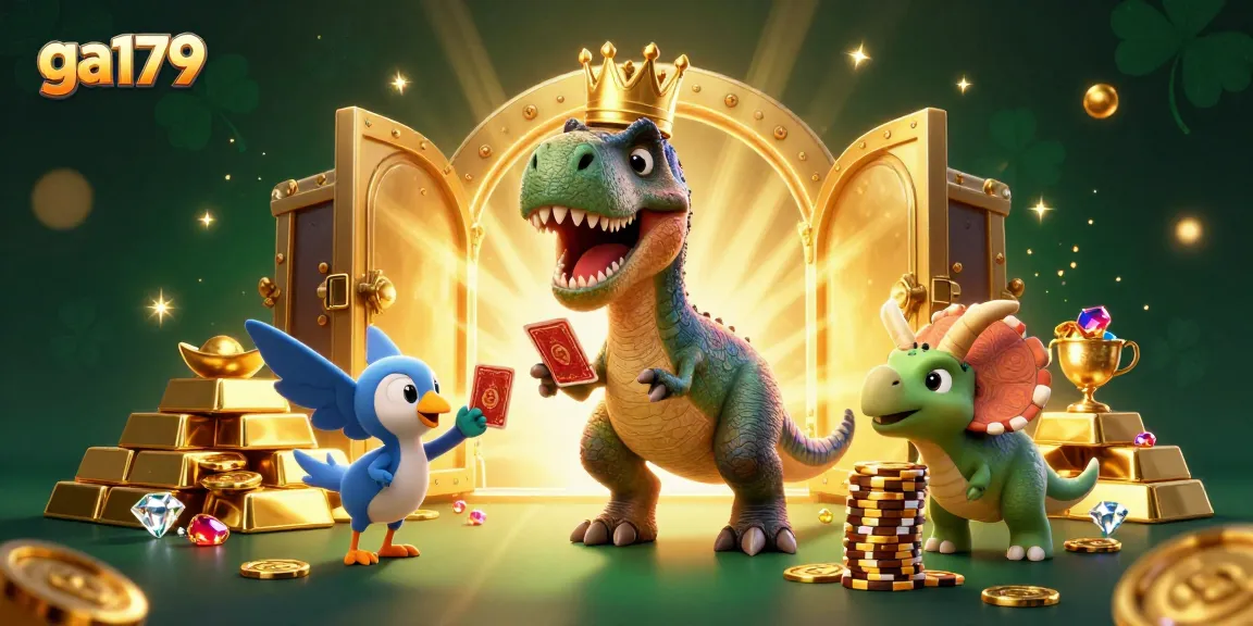 Engage in thrilling gameplay with ga179, featuring a T-Rex dealer managing cards in a treasure-filled casino