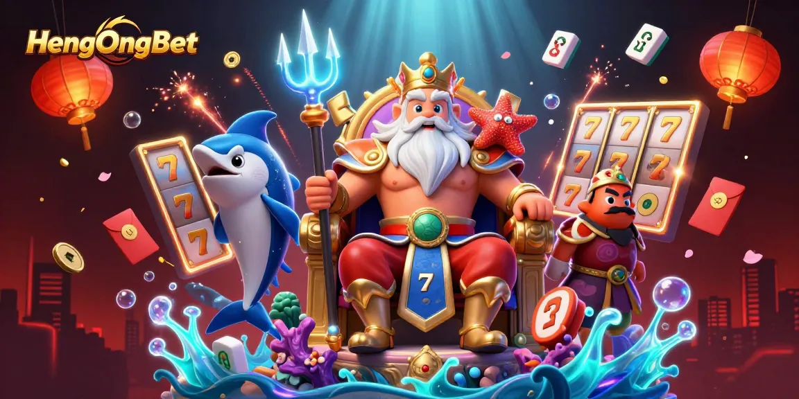 Engage with HengOngBet, featuring Neptune and vibrant casino elements in a dynamic 3D illustration.