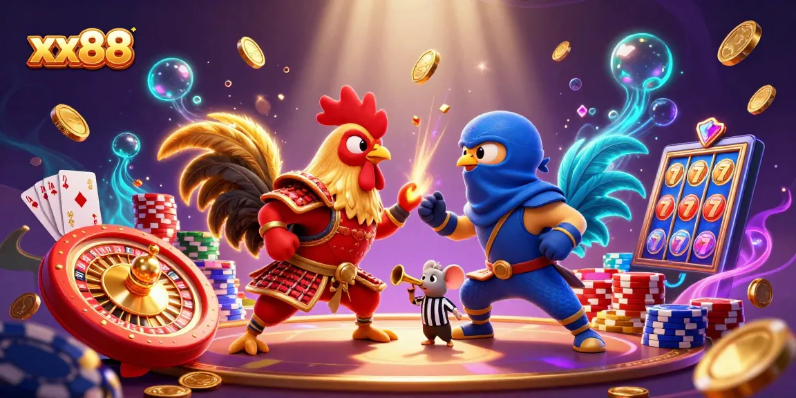 Experience thrilling action at xx88 with fierce roosters battling in a dynamic casino backdrop.
