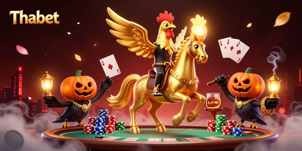 Join Thabet's casino adventure with a golden rooster riding a spectral horse through a lively poker scene.