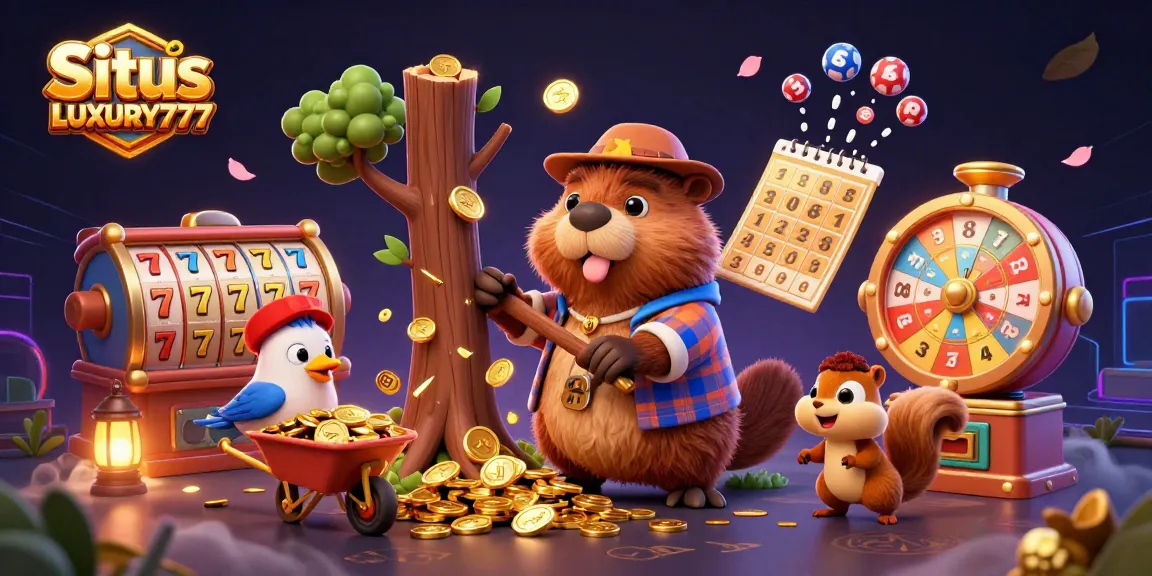 Situs LUXURY777: Ilustrasi kasino online menarik dengan beaver, burung, dan tupai mengumpulkan koin emas