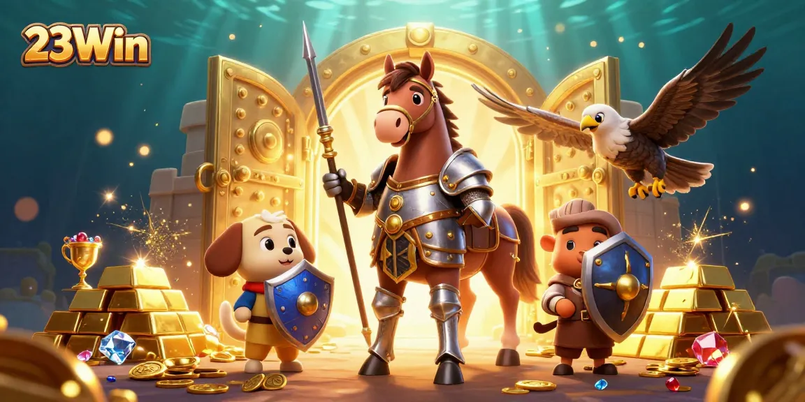 Experience the thrilling ambiance of 23Win with illuminated treasures and engaging characters in a vibrant scene.
