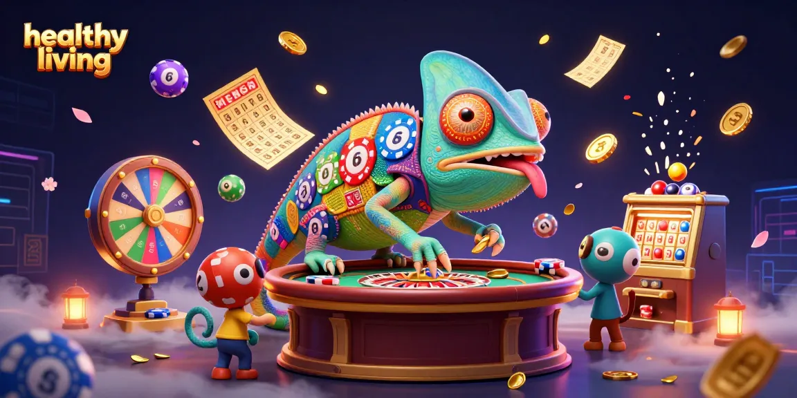 Spin for healthy living and luck with vibrant casino elements and a chameleon owner.