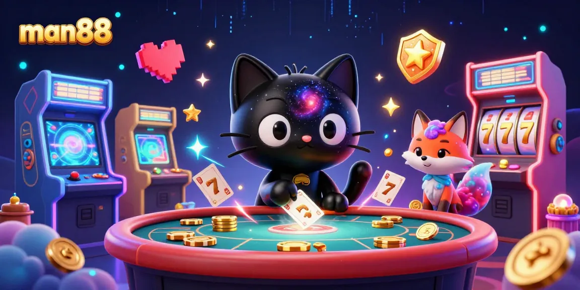 Enjoy man88's vibrant cosmic casino experience with a black hole cat and nebula fox.
