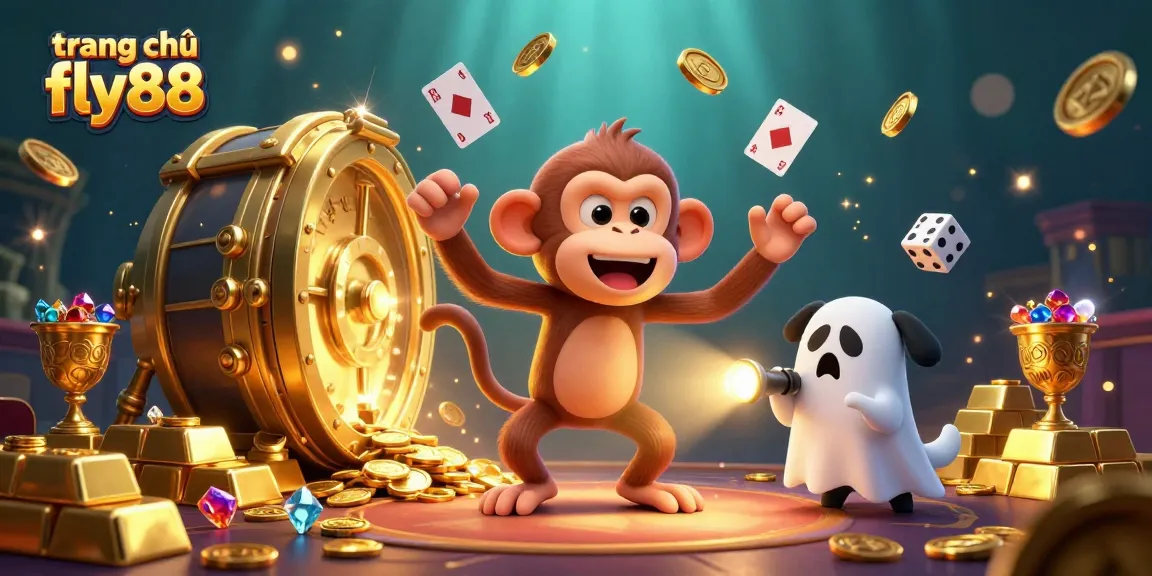 Engage in thrilling action at trang chủ fly88 with a vibrant casino scene featuring a jolly monkey and a puppy.